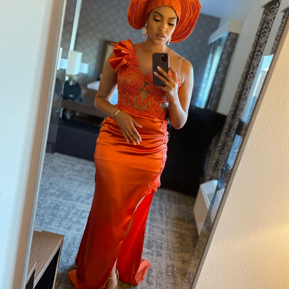 Elegant Orange Gown with Headwrap